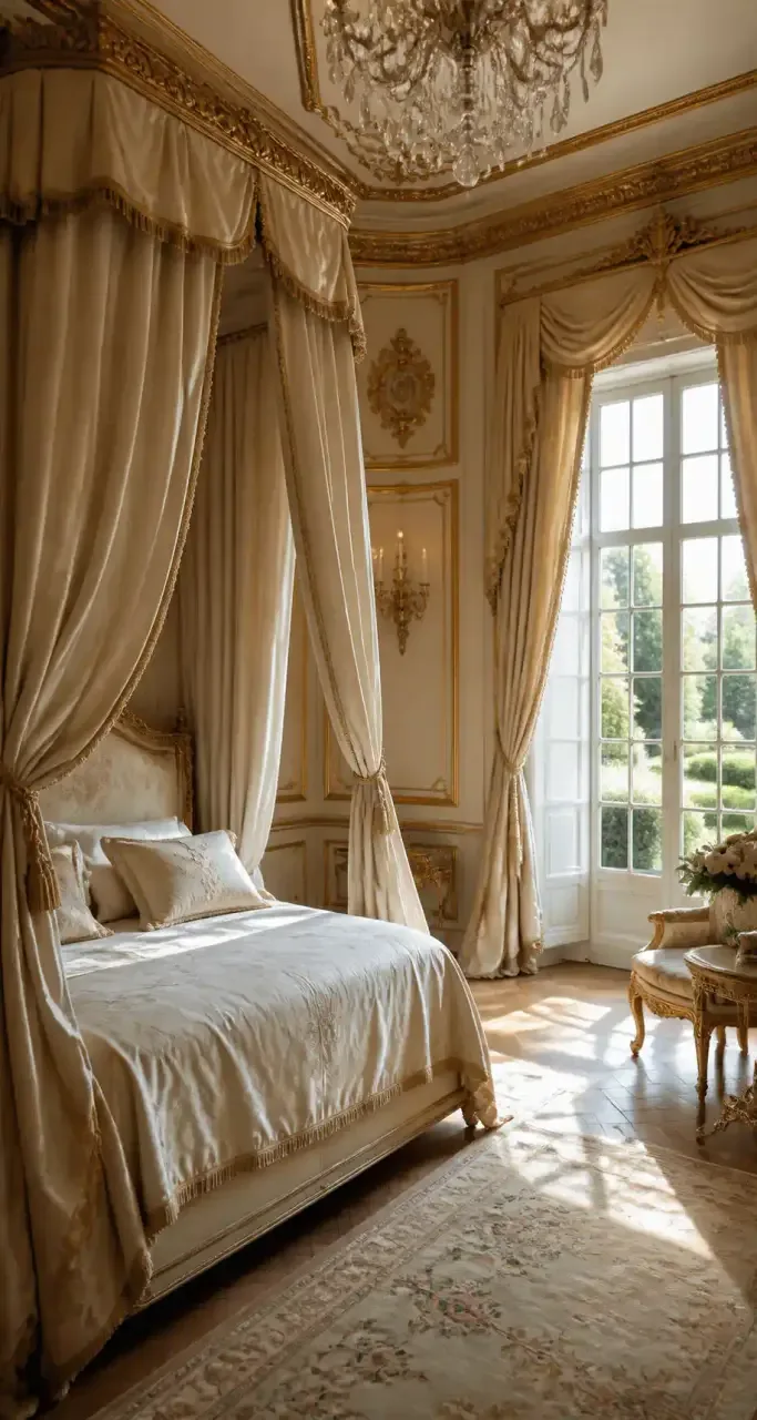 Chambre luxueuse d'un château-hôtel avec lit à baldaquin drapé de soie