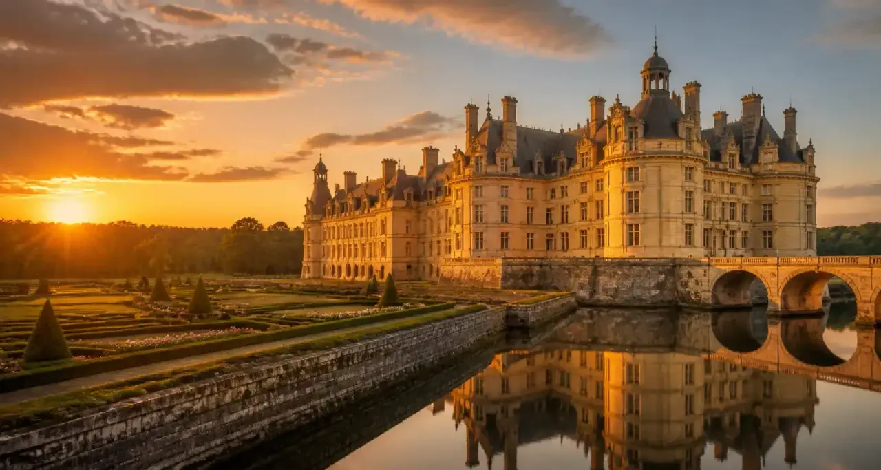Château Renaissance au coucher du soleil, reflété dans ses douves et entouré de jardins à la française