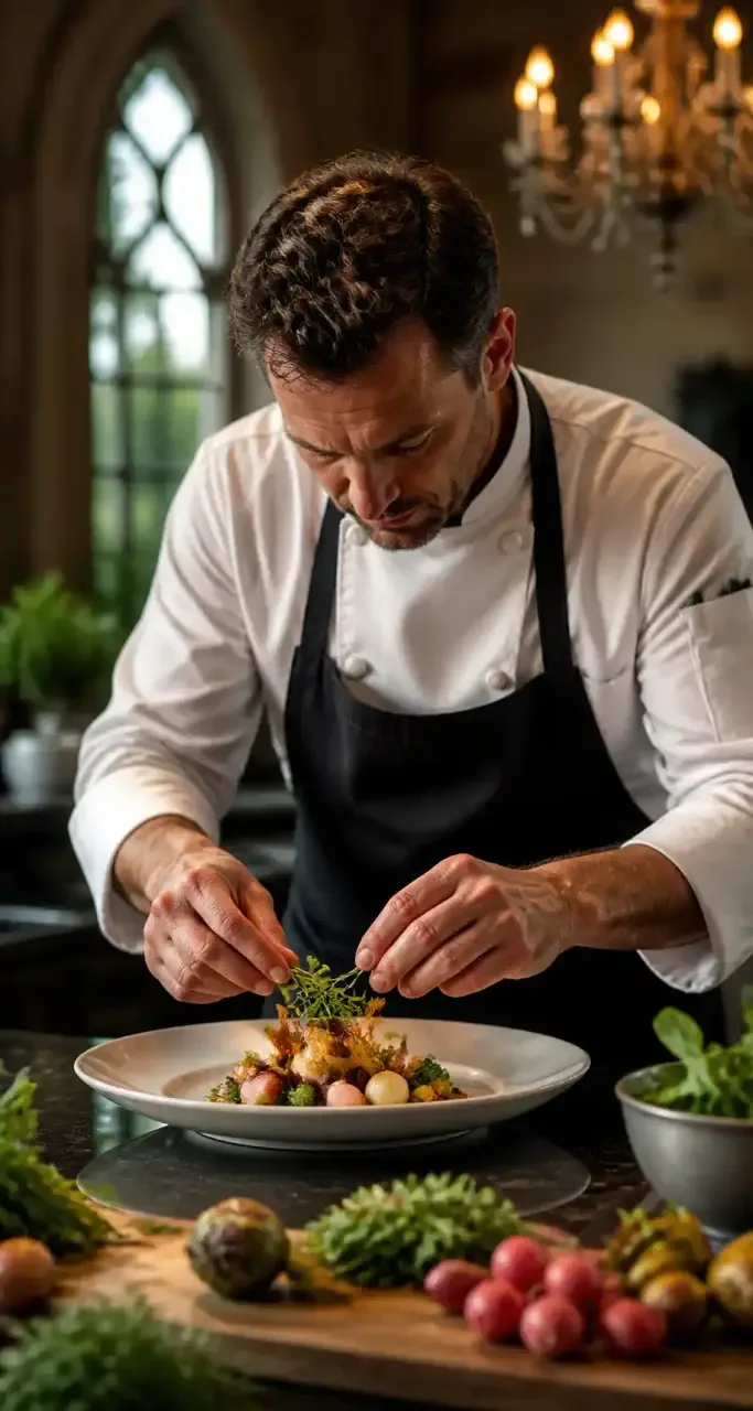 Chef étoilé dressant une assiette gastronomique dans la cuisine d'un château