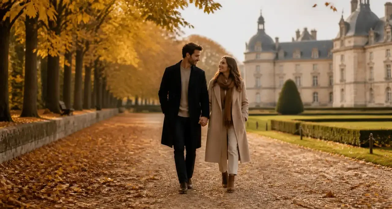 Couple élégant en promenade dans le parc d'un château aux couleurs d'automne
