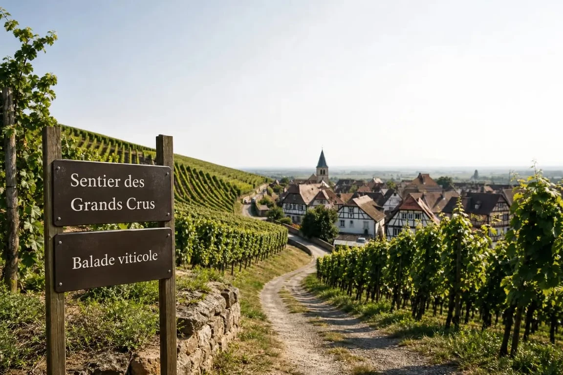 Le grands crus sentier viticole en Alsace avec vue sur les coteaux et le village