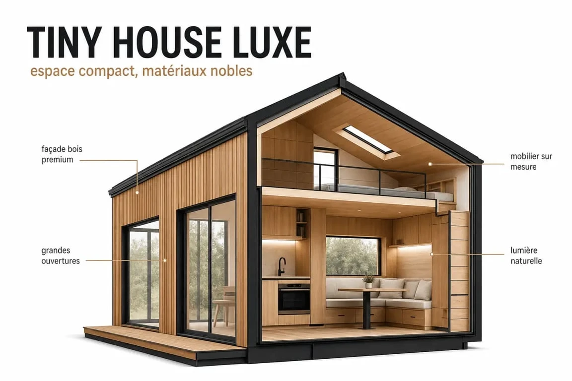 Tiny house luxe avec façade en bois et intérieur haut de gamme