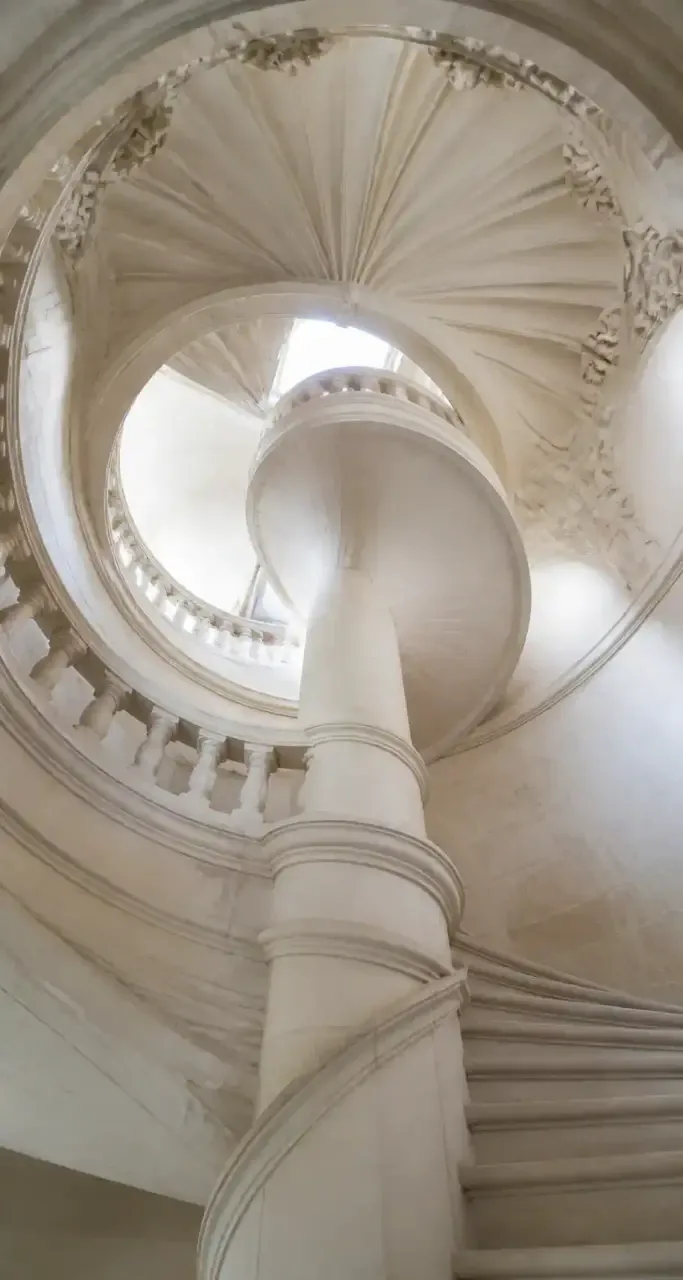 Escalier à double révolution d'un château de la Loire, sous des voûtes de pierre sculptées