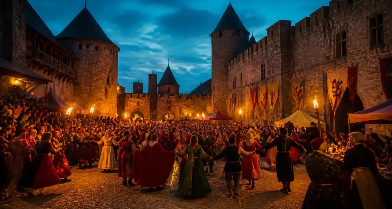 Festival médiéval dans la cour d'un château fortifié avec figurants en costumes d'époque