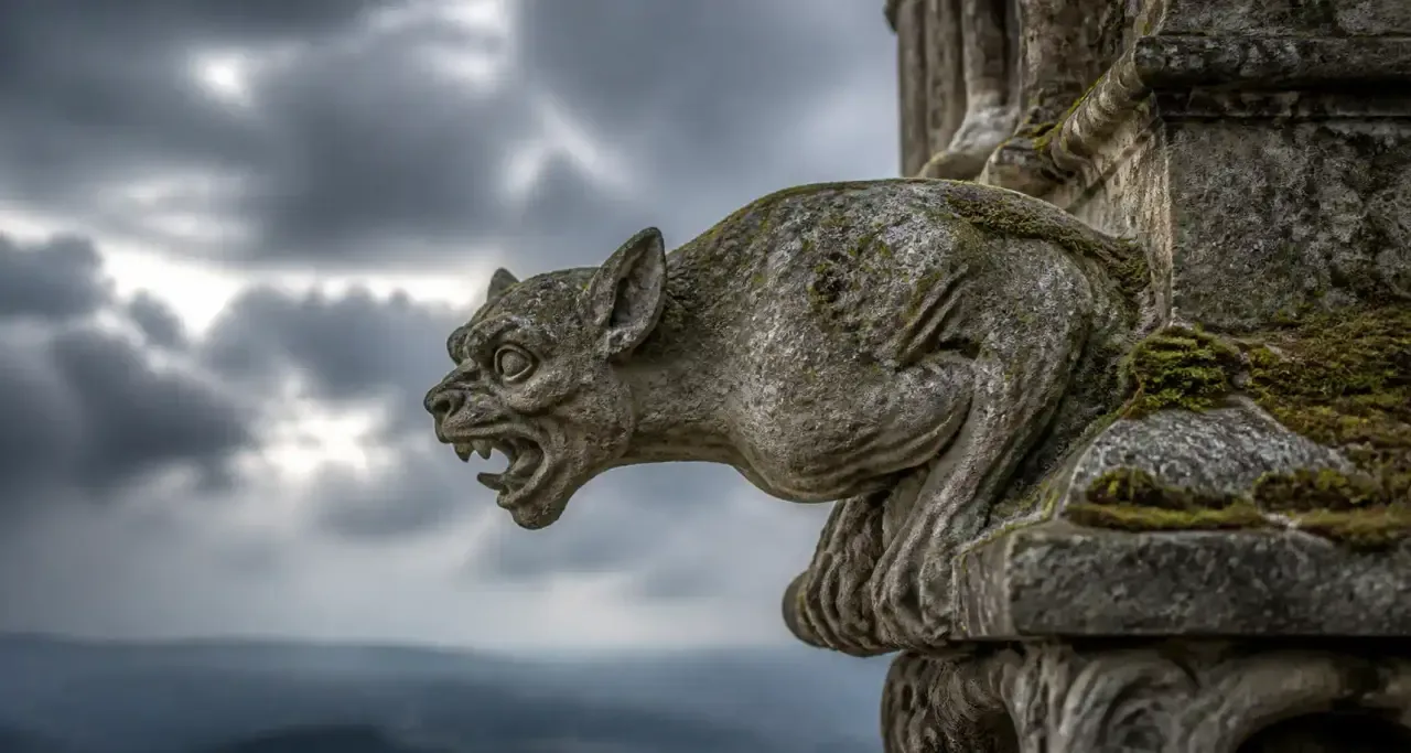 Gargouille médiévale en pierre sculptée sur la façade d'un château gothique