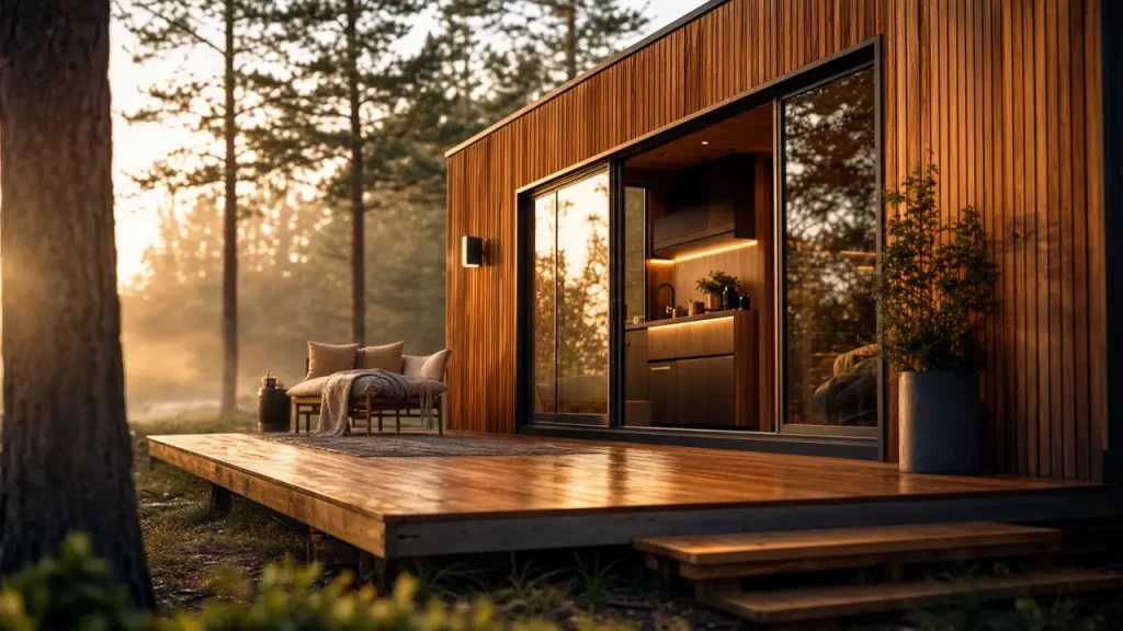Tiny house luxe en bois massif : terrasse et intérieur premium vitré