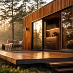 Tiny house luxe en bois massif : terrasse et intérieur premium vitré