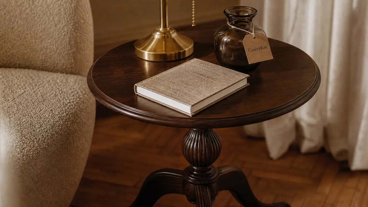 Un guéridon rond en bois sombre près d’un fauteuil, lampe et vase.