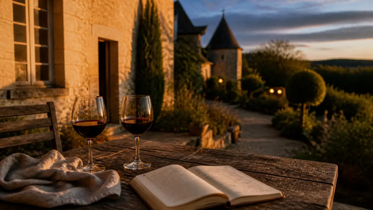Château de la fleunie dordogne : terrasse au calme près de Lascaux, lumière dorée