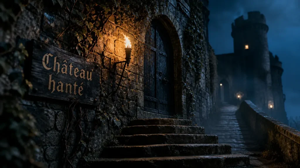 Chateaux hantés en france : porte de château sombre, lierre et couloir