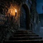 Chateaux hantés en france : porte de château sombre, lierre et couloir