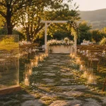 Décoration mariage extérieur : arche et allée de bougies en golden hour, jardin