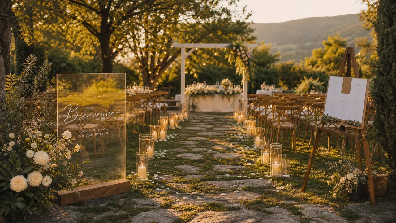 Décoration mariage extérieur : arche et allée de bougies en golden hour, jardin
