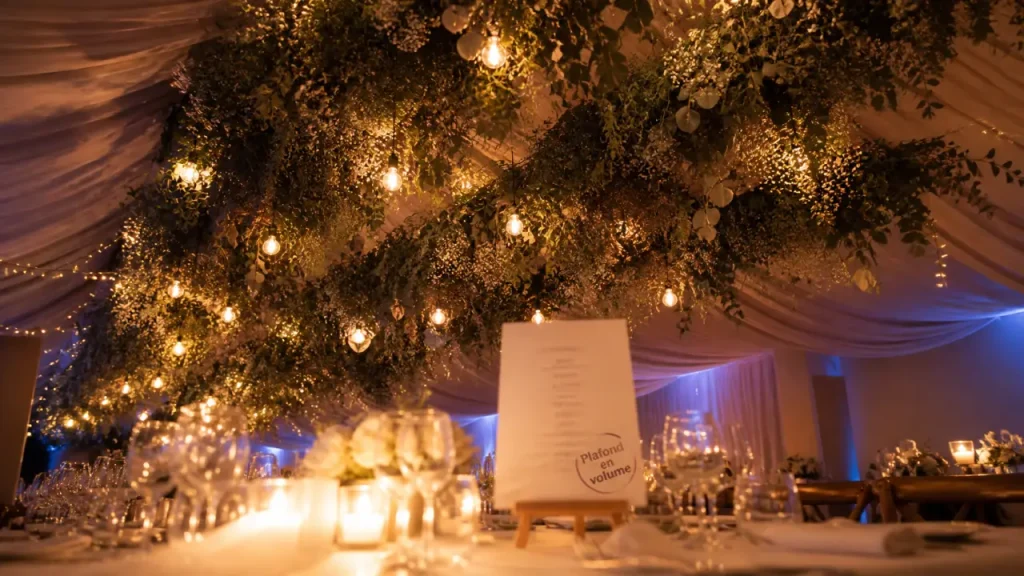 Décoration plafond mariage : suspensions végétales et guirlandes au-dessus de table