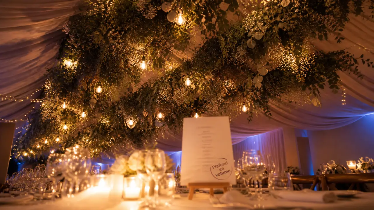 Décoration plafond mariage : suspensions végétales et guirlandes au-dessus de table