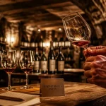 Dégustation de vins paris en cave voûtée à Paris, verres tulipe et sommelier
