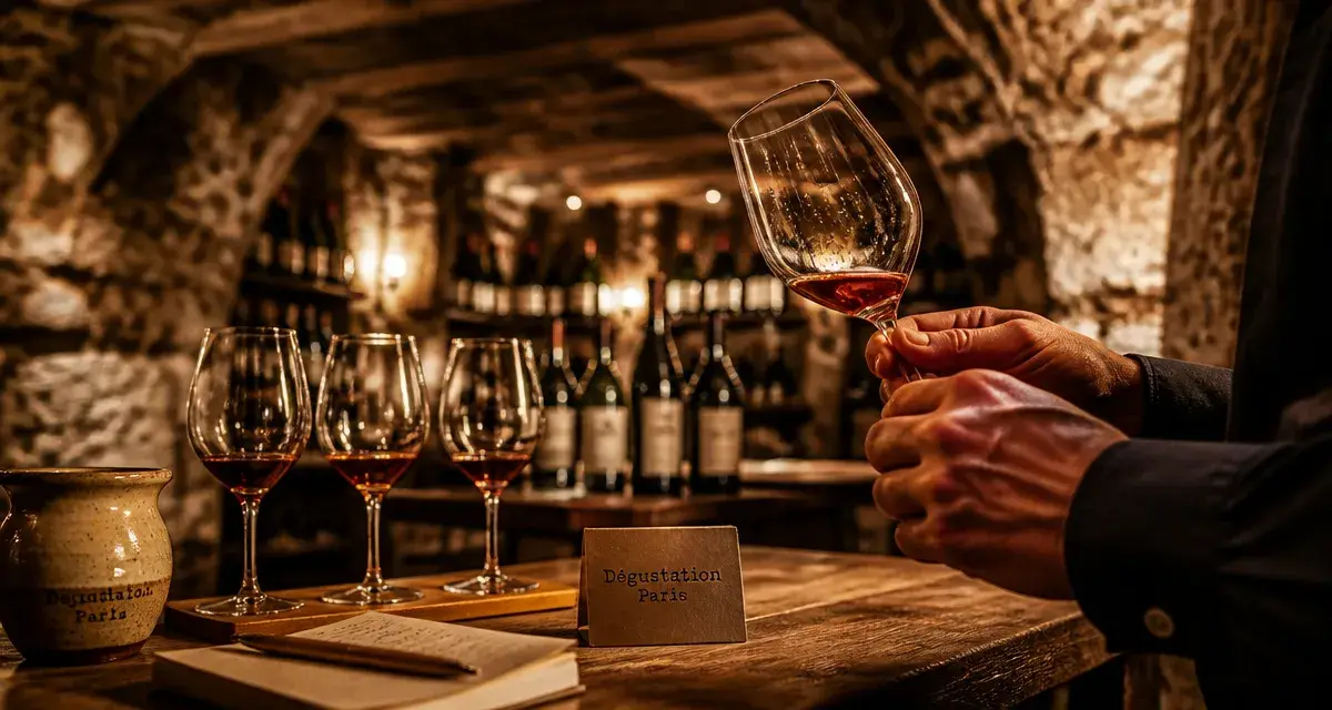 Dégustation de vins paris en cave voûtée à Paris, verres tulipe et sommelier