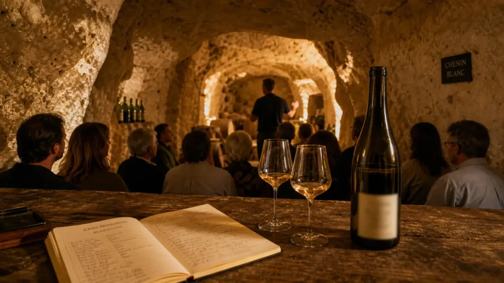 Dégustation vin tours en caves troglodytes, table et verres
