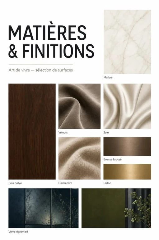 Palette de matières du luxury design art de vivre avec marbre, bois et bronze