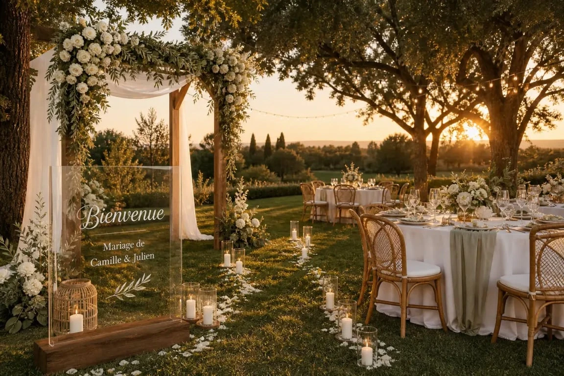 Décoration mariage extérieur dans un jardin avec arche, allée lumineuse et tables élégantes
