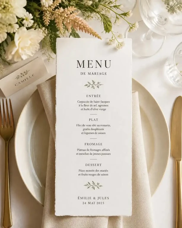 Exemple de menu de mariage champêtre chic posé sur une table dressée