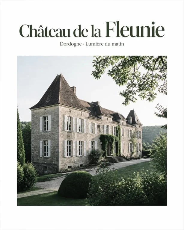 Château de la Fleunie Dordogne, façade en pierre dans un cadre verdoyant et paisible