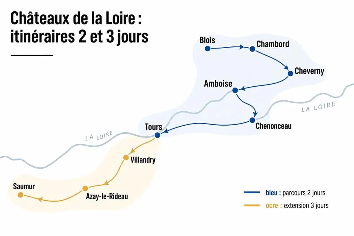 Circuit chateau de la loire carte : vue éditoriale des principaux châteaux, des zones Blois-Tours-Saumur et d’un itinéraire sur 2 à 3 jours