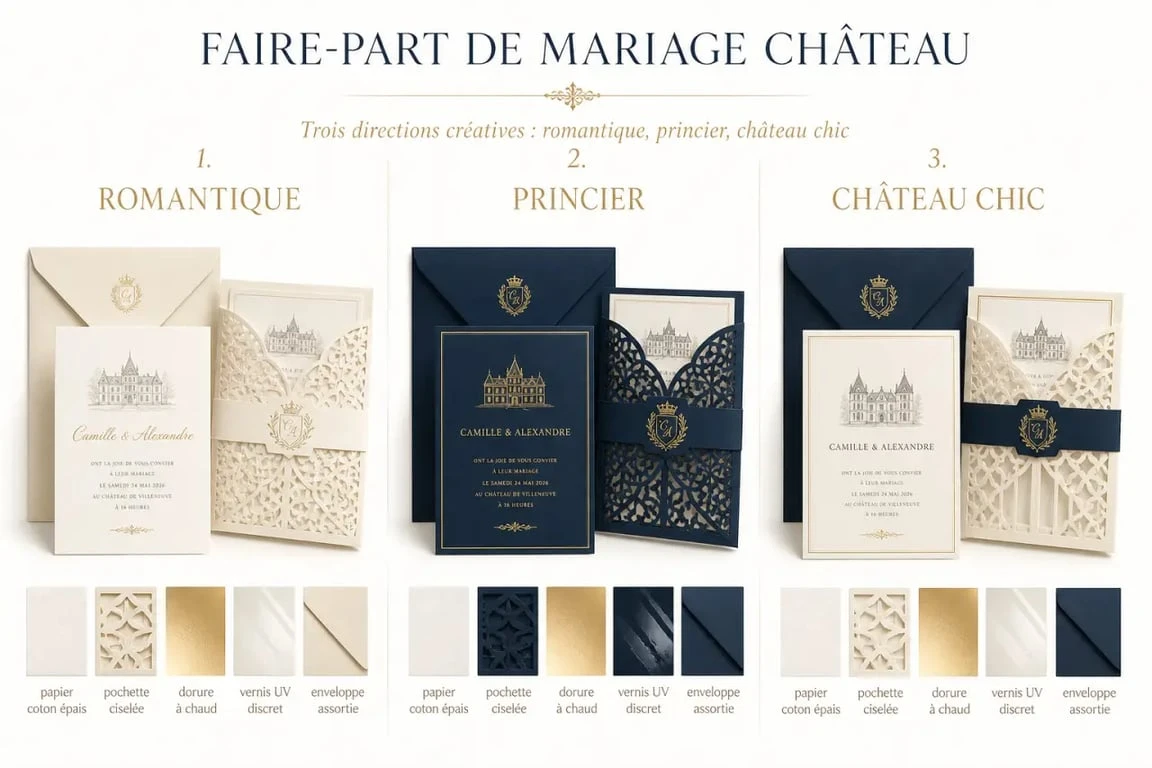 Faire part mariage château : comparaison visuelle des styles romantique, princier et château chic