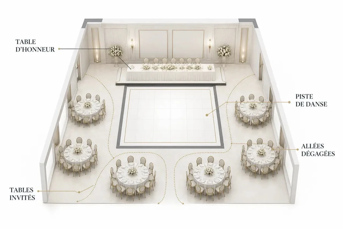 Disposition table mariage avec table d'honneur, piste de danse et circulation fluide dans une salle de réception