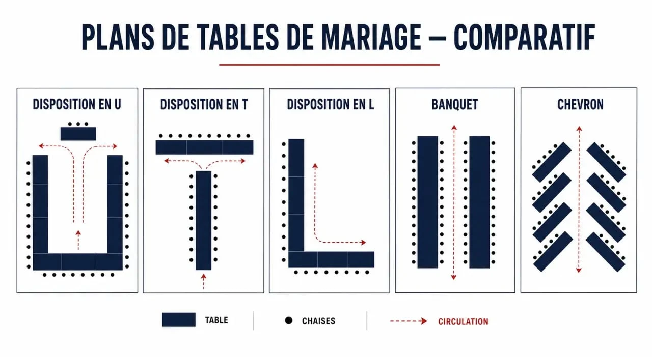 Disposition table mariage : comparaison visuelle des principales configurations de tables pour une réception