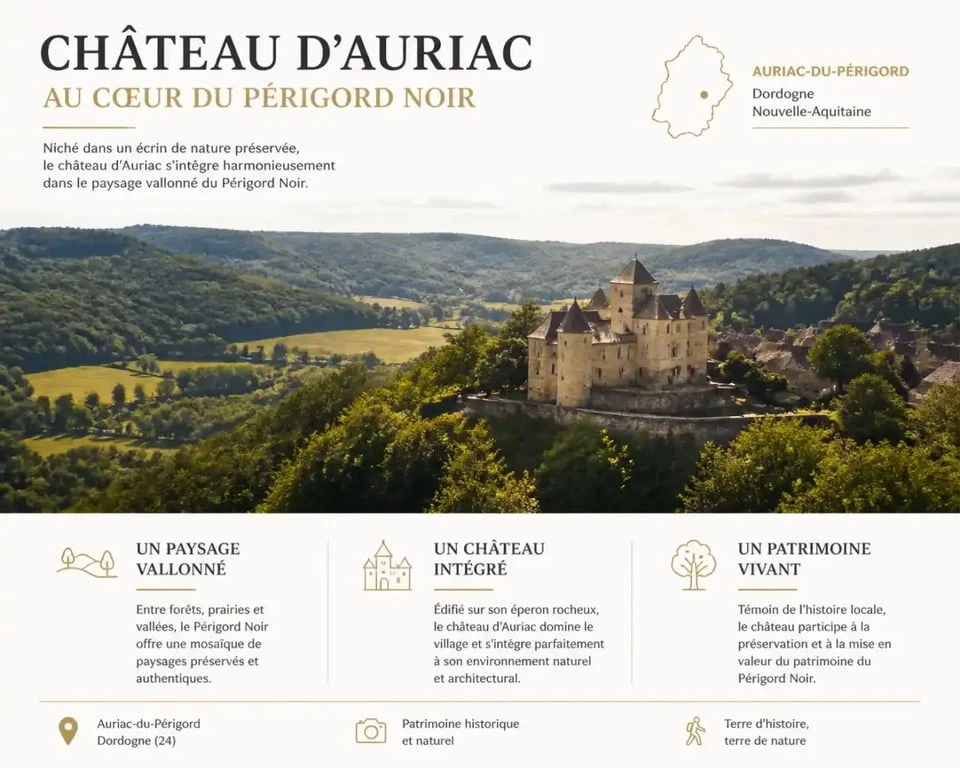 Le château de la Faye dans son écrin de verdure au cœur du Périgord noir, près d'Auriac-du-Périgord.