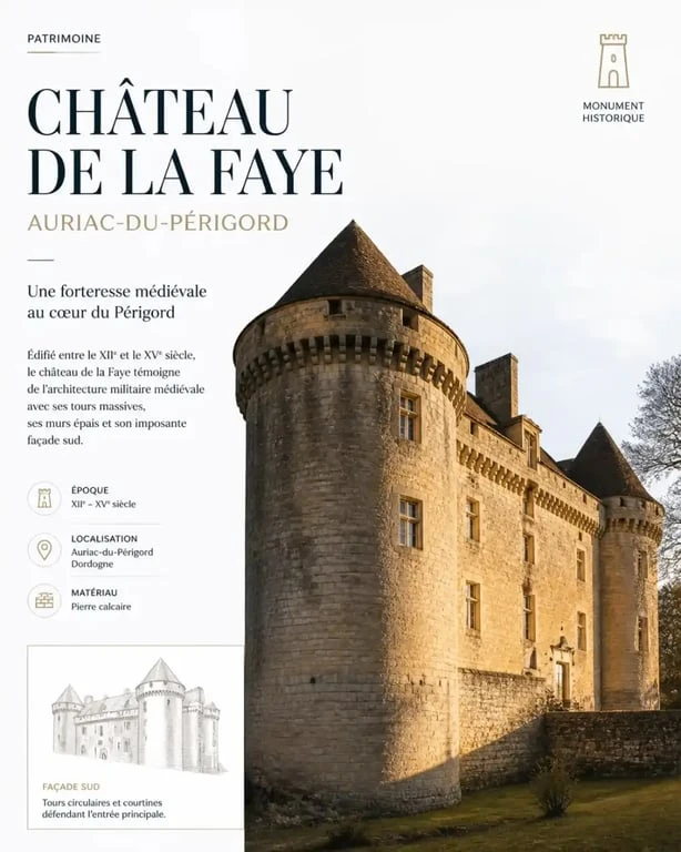 Vue architecturale du château de la Faye en Dordogne, témoin de l'histoire seigneuriale d'Auriac-du-Périgord.
