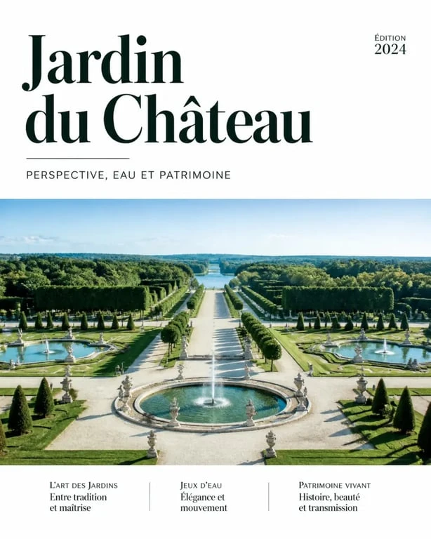 Perspectives d’un jardin du chateau avec allée centrale, bassins et alignements d’arbres