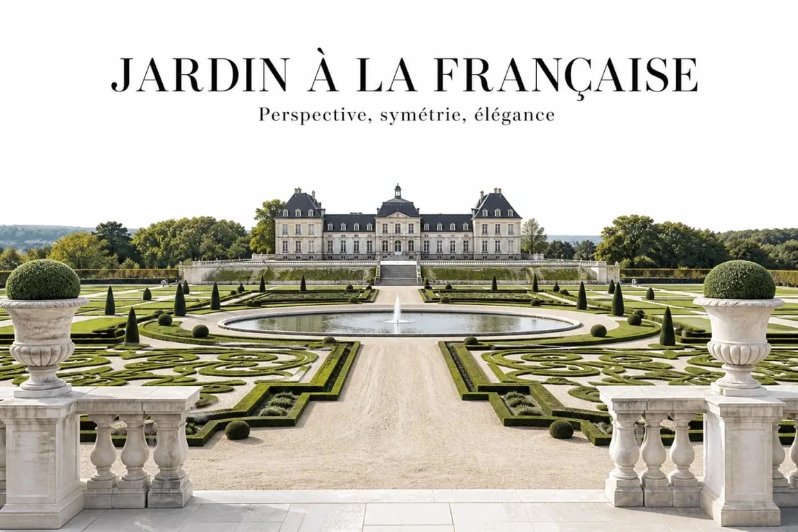Vue panoramique d’un jardin du chateau à la française avec parterres géométriques et château en arrière-plan