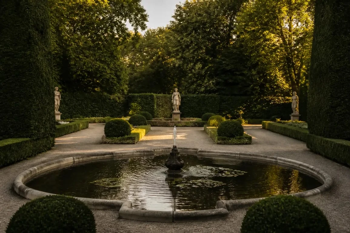 Bosquet d’un jardin du chateau avec bassin, statues et allées ombragées