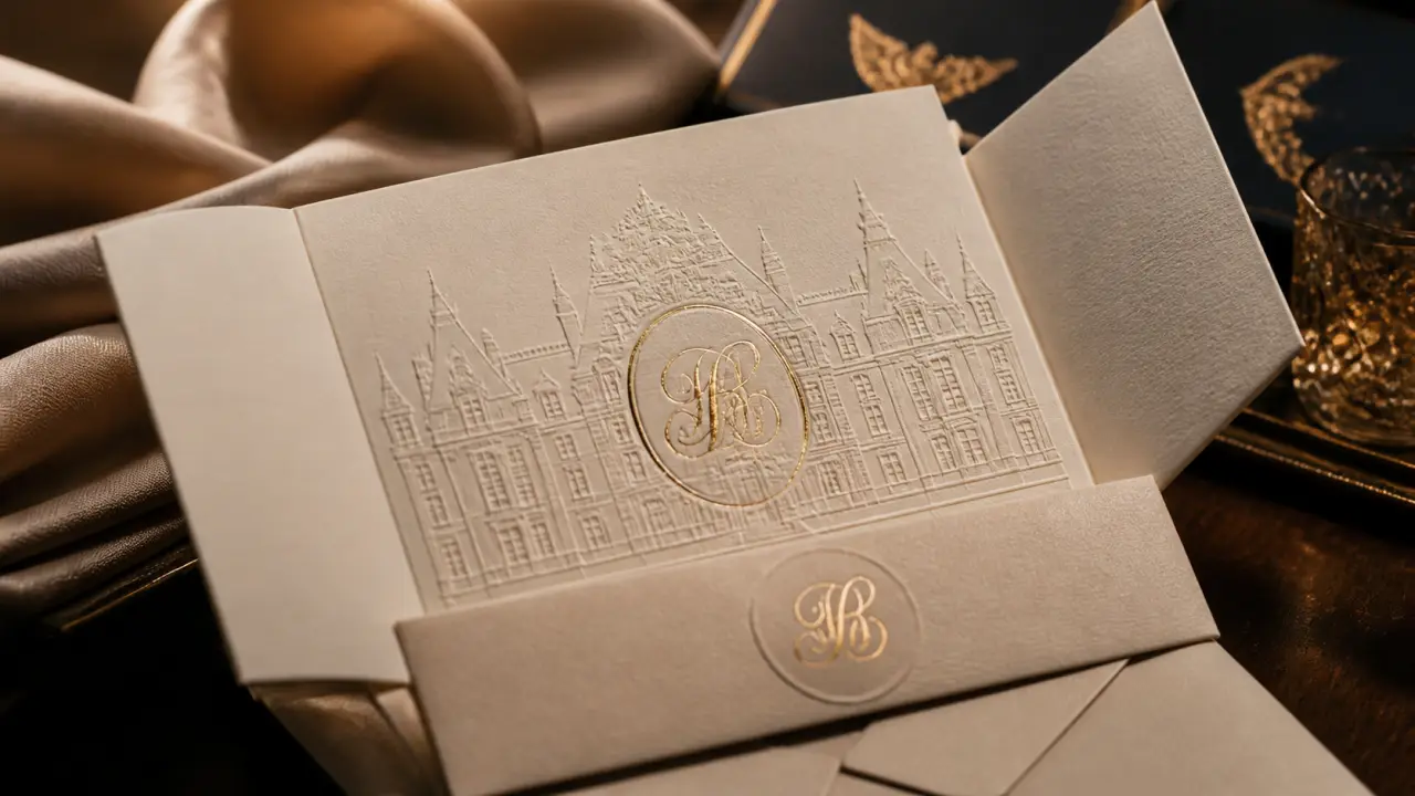 Faire part mariage château : pochette ciselée ouverte, dorure à chaud et vernis UV brillant