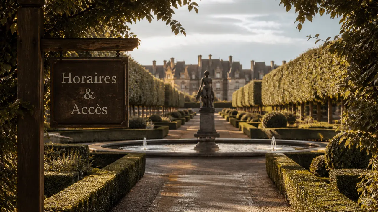 Jardin du chateau : allée, statue et bassin, accès horaires