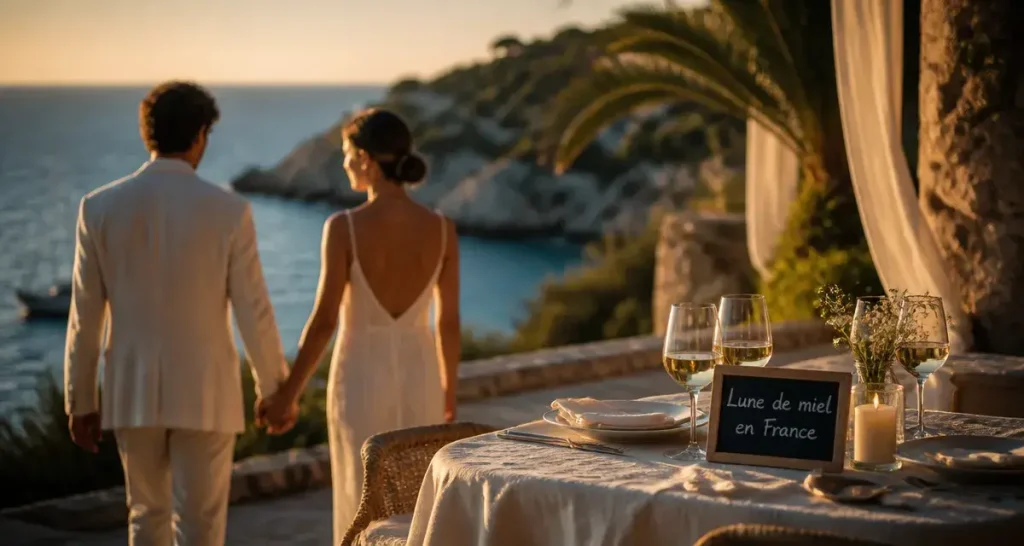 Lune de miel en france : couple romantique sur une terrasse en Côte d’Azur