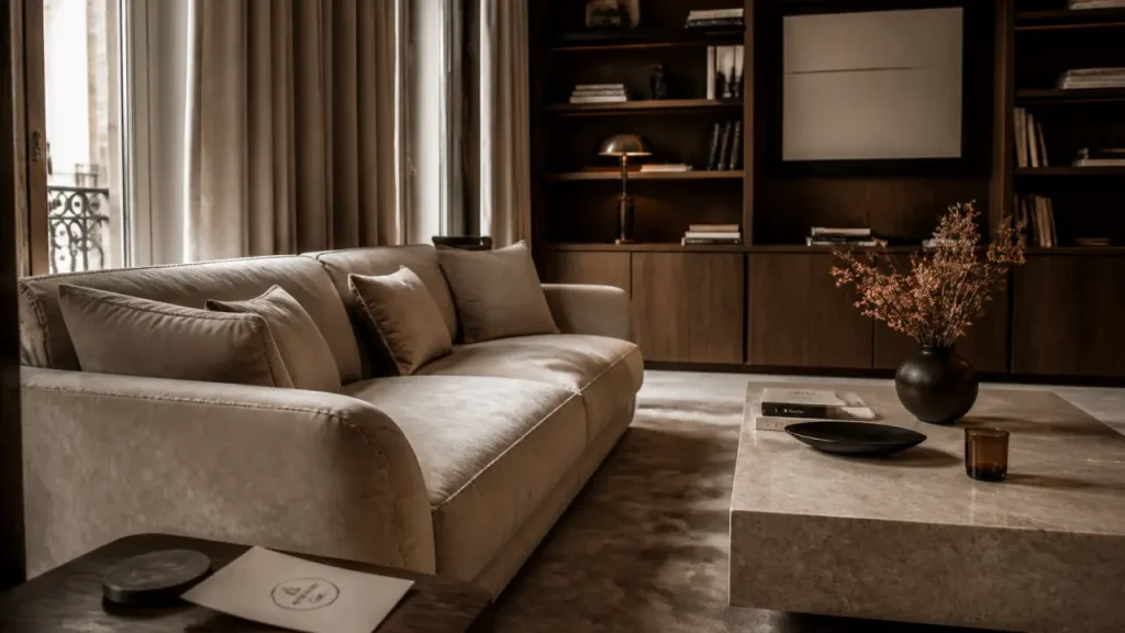 Salon luxury design art de vivre : velours ivoire et travertin