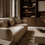 Salon luxury design art de vivre : velours ivoire et travertin