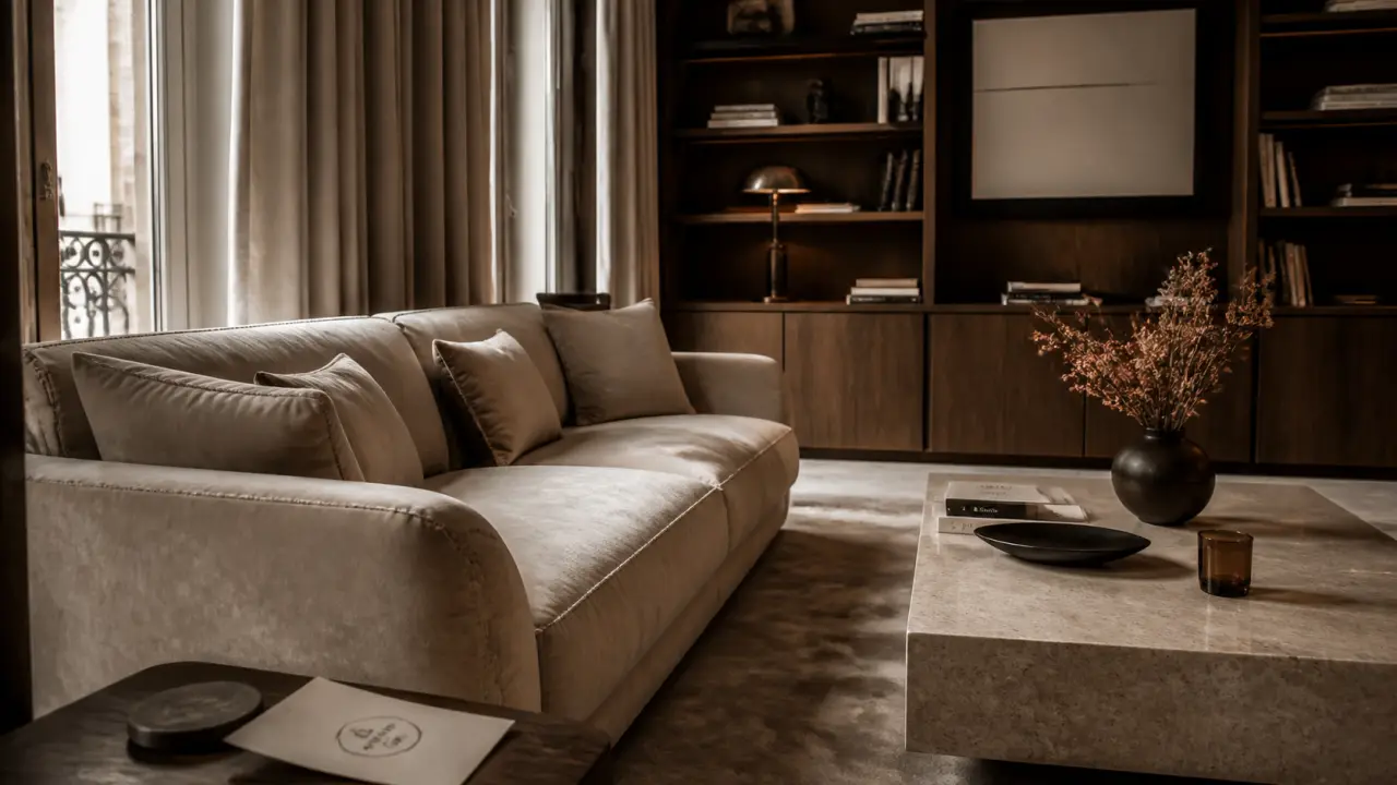 Salon luxury design art de vivre : velours ivoire et travertin