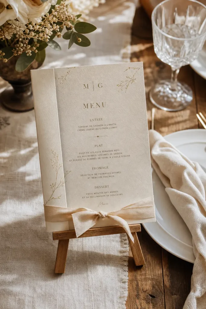 Menu mariage sur papier création ivoire, vue de dessus