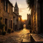Villages medieval : ruelle pavée médiévale et remparts au golden hour