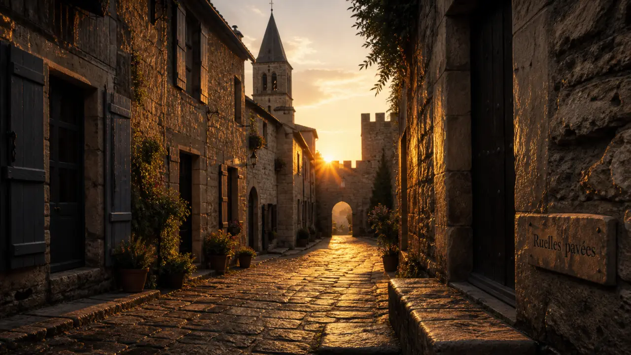 Villages medieval : ruelle pavée médiévale et remparts au golden hour