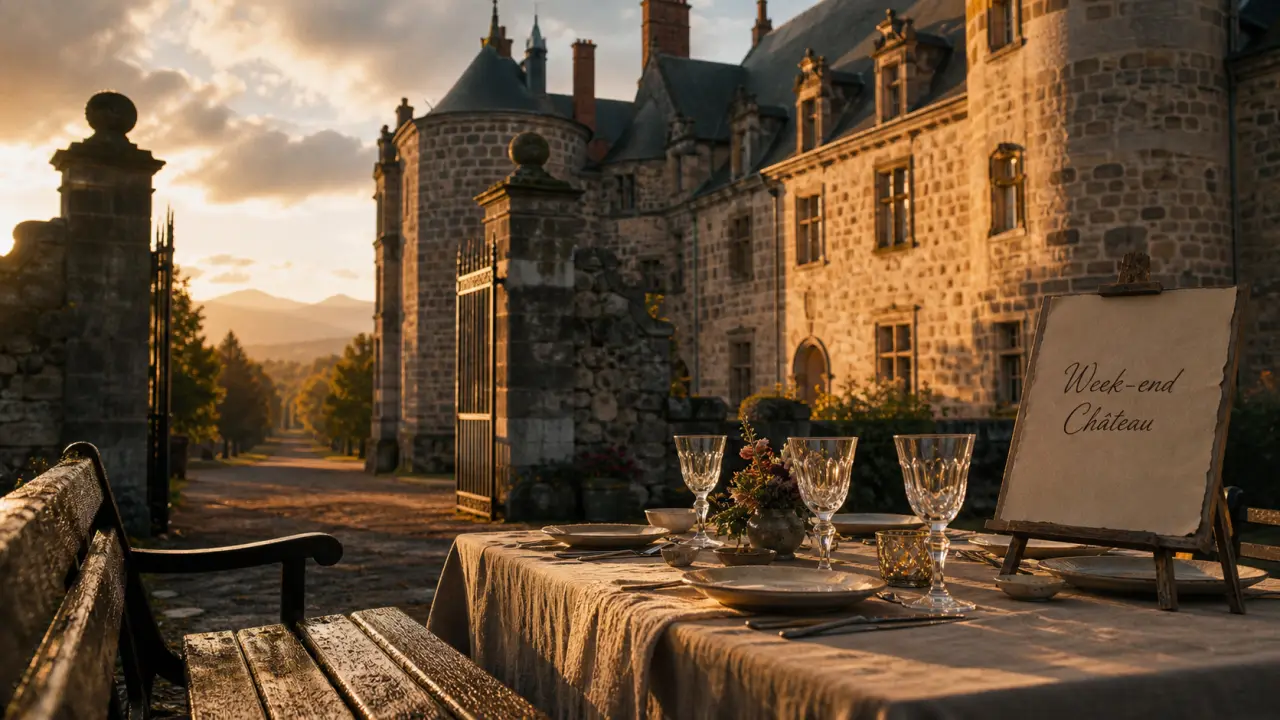 Week end chateau auvergne : façade de château en pierre et allée arborée