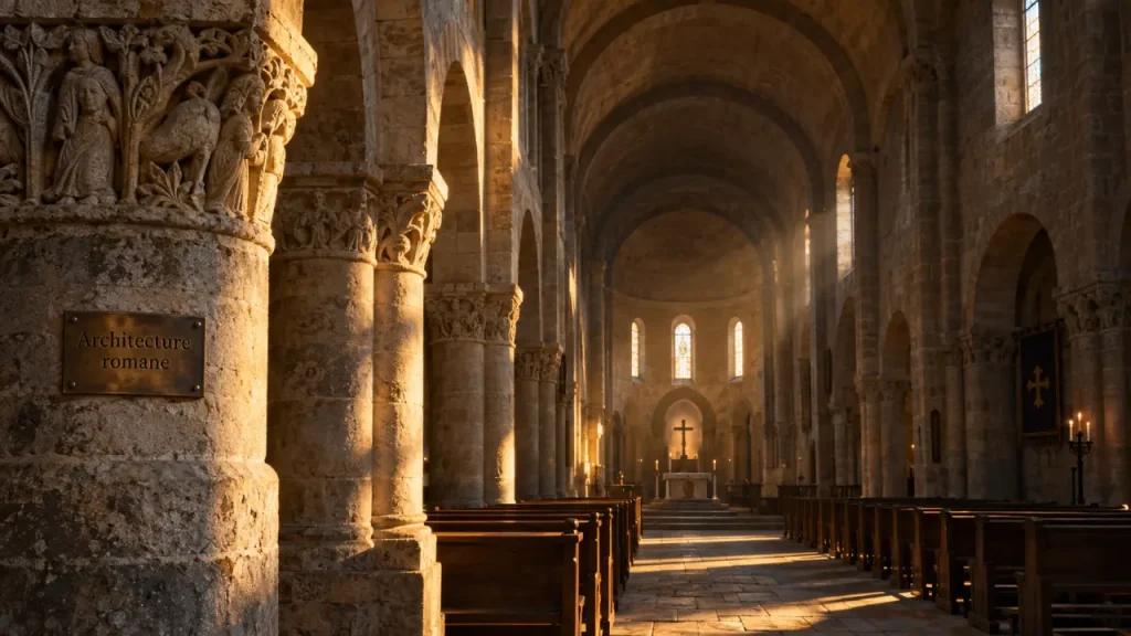 Architecture romane : nef avec voûte en berceau et murs de pierre