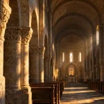 Architecture romane : nef avec voûte en berceau et murs de pierre