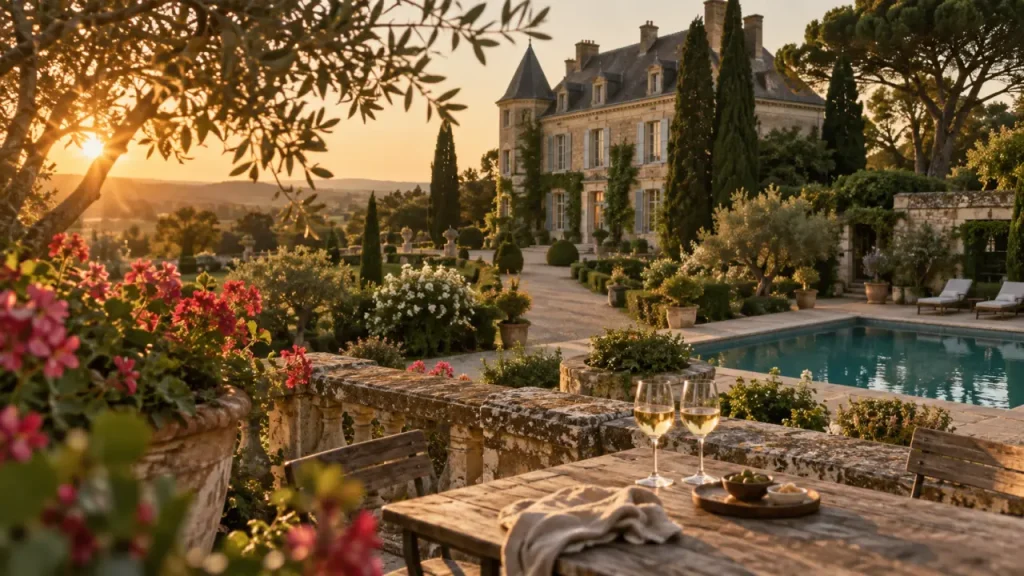Château de Villars Dordogne Périgord Vert : vue terrasse, jardin et piscine chauffée