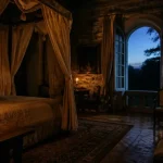 Dormir dans un chateau : chambre de château au crépuscule, lit à baldaquin
