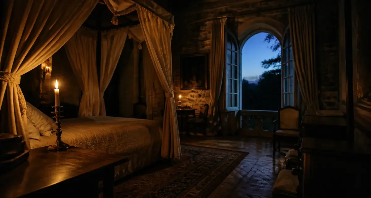 Dormir dans un chateau : chambre de château au crépuscule, lit à baldaquin